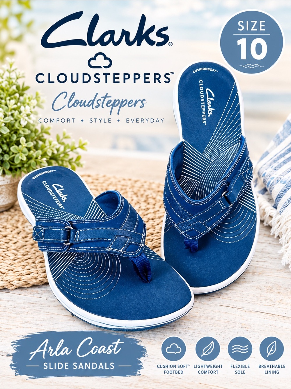 Clarks Navy Adjustable thong sandals flat cloudsteppers comfortable size 10